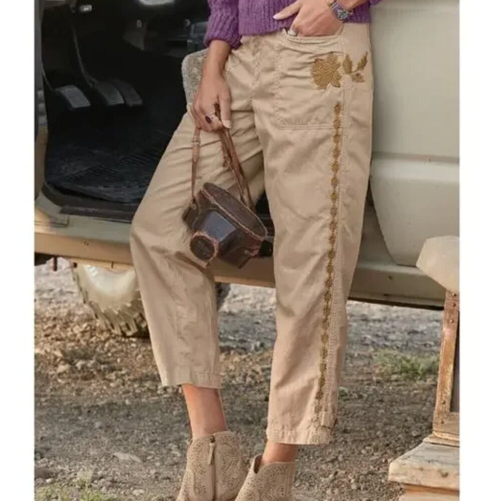 Sundance Shadow Garden Pants Nougat Utility Khaki Embroidered Women's 2 Tan